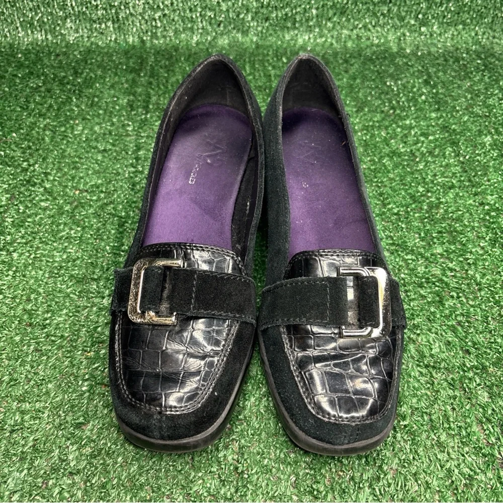 A2 by Aerosoles Womens 6.5 M Black Leather Wedge Loafers‎